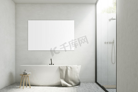 房地产海报设计摄影照片_白色浴室配有浴缸和海报