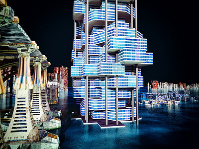 未来的城市与现代摩天大楼 3d 渲染
