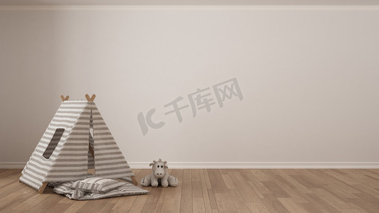 室内白色摄影照片_孩子们极简主义白色背景与儿童帐篷，毯子枕头