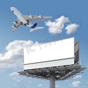 宣传彩页样机摄影照片_与飞机在天空上的空白广告牌