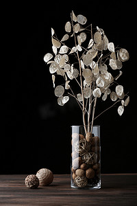 植物花瓶摄影照片_在深色背景上干花的组成