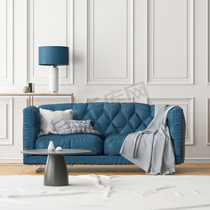 客厅现代室内带深蓝色沙发, 灯和白色墙壁。趋势颜色。3d
