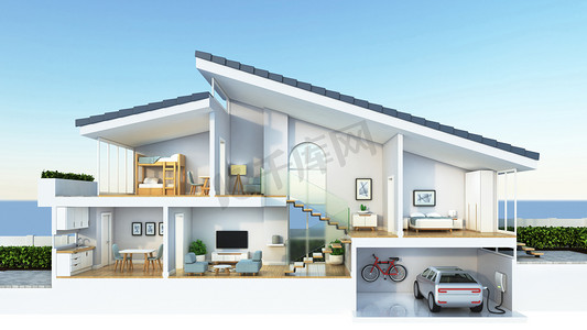 观点摄影照片_现代住宅截面，适用于智能家居或可持续房屋资讯覆盖，3D渲染