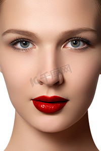 young字体摄影照片_Portrait of elegant woman with red lips. Beautiful young model with red lips. Sexy woman model with bright red lips makeup, and healthy shiny skin. Evening glamour style, fashion make-up