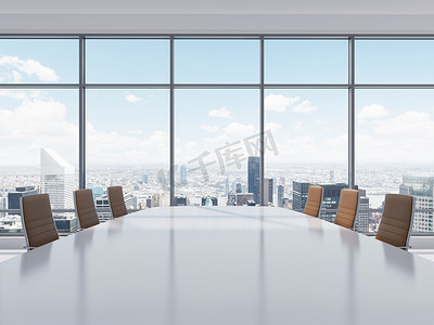 Panoramic conference room in modern office in New York City. Brown leather chairs and a table. 3D rendering.