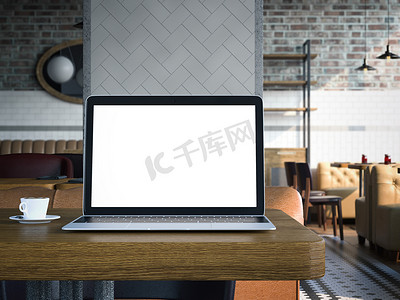 公司网页背景摄影照片_在咖啡桌上的笔记本电脑。3d 渲染
