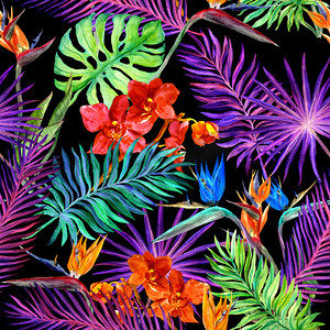 热带设计时尚︰ 异国情调叶片，兰花花在霓虹灯光中的。无缝模式。水彩