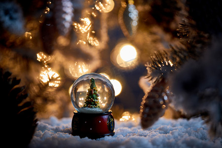 灯光闪烁摄影照片_雪地里的小圣诞树，雪地里站着云杉枝条，夜晚灯光朦胧