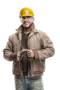 黄色安全帽摄影照片_脏的硬帽子的工人人头盔