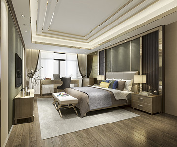 椅子摄影照片_3D渲染美丽的最低亚洲豪华居室套间在酒店与电视