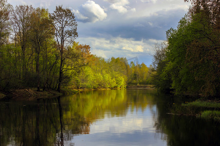 春天的风景。森林河。俄罗斯