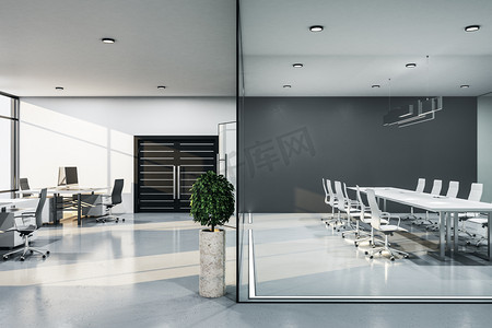 具有家具和玻璃墙的现代会议室内。工作场所和公司的概念。3D渲染