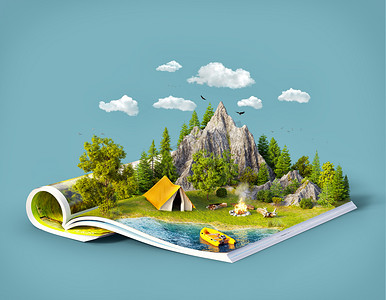 梦幻童话海报背摄影照片_在页面上的山