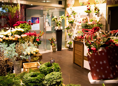 冬季植物花摄影照片_小花店店卖圣诞装饰、 礼物和鲜花