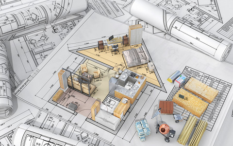 家具家居背景摄影照片_在建筑过程中，在白色背景上以无墙壁房屋的形式将房屋分割成内部，并附有蓝图。3d说明