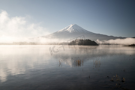 在河口湖，山梨县，旅游的日本富士山和蓝天