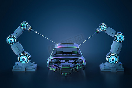 3d. 基于蓝色背景的汽车厂自动绘制机器人装配线
