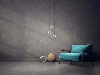 好酷摄影照片_现代化的客厅配有蓝色扶手椅和灯具。斯堪的纳维亚室内设计家具。3d 渲染插图