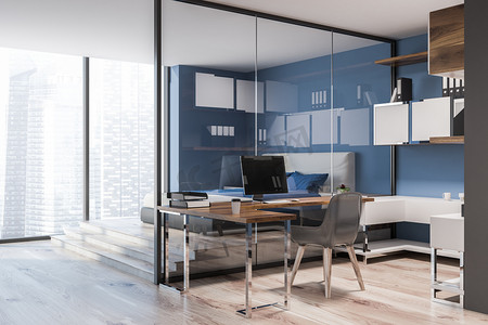 3d房间摄影照片_紧凑的家庭办公室内部与深蓝色和木墙和电脑办公桌在一个卧室。自由工作的侧面观点概念。3d 渲染模拟