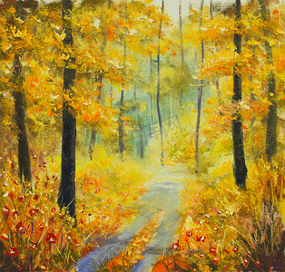 油画红色背景摄影照片_文艺画布上的原创油画: 秋天的林中之路