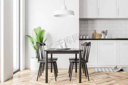 室内木地板摄影照片_白色斯堪的纳维亚风格的厨房内部有白色的墙壁, 一个木地板, 白色台面和橱柜和一张桌子与椅子。侧面视图。3d 渲染模拟