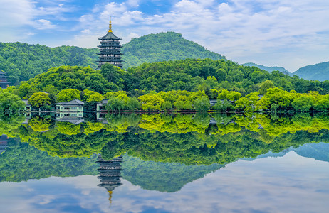 自然风景夏天森林西湖宝塔花园