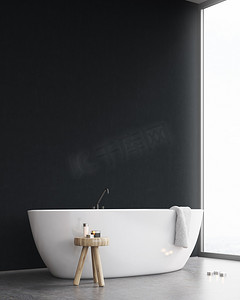 浴缸背景摄影照片_带一把椅子和一个黑色幕墙浴缸的侧视图