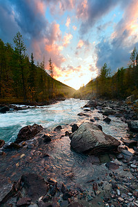 sunset and mountain river