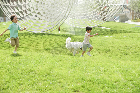 宠物们摄影照片_快乐的孩子们在草地上玩耍