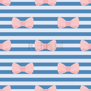 无缝的矢量花纹带淡粉红蝴蝶结上水手海军蓝色瓷砖条纹背景。桌面壁纸和时尚网站设计