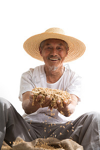 农民的生活的摄影照片_捧着麦子的老农民