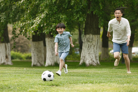 日光庭院摄影照片_快乐父子在草地上踢足球