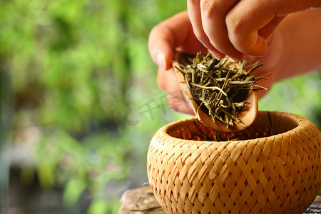 女人倒茶摄影照片_茶叶