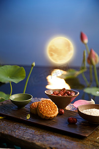 中秋节月亮圆月摄影照片_月饼