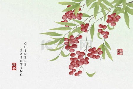 中国水墨画艺术背景种植红豆.中文译文:植物与祝福.
