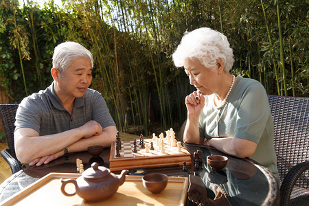 老年人摄影照片_老年夫妇在院子里下棋