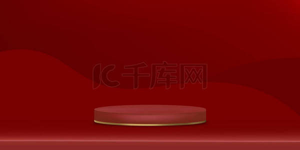 红色3D Poduim圆筒演播室，红色演播室及舞台基座平台，圣诞或2022中国新年背景拍摄的最小设计用途