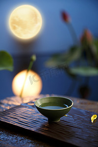 中秋节月亮圆月摄影照片_茶具