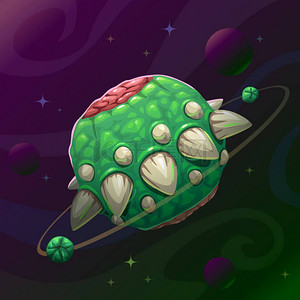卡通令人毛骨悚然的怪物星球与尖峰和下巴在黑暗的空间背景.