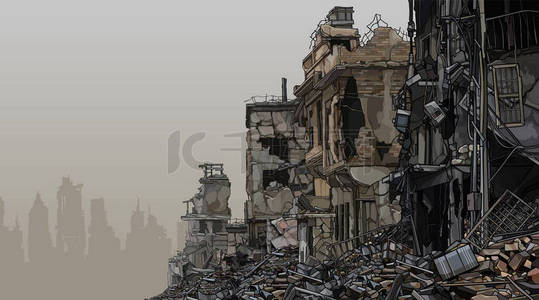 城市背景建筑的废墟,下面都是垃圾.矢量图像