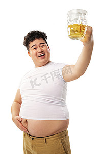 喝饮料胖子摄影照片_小胖喝啤酒