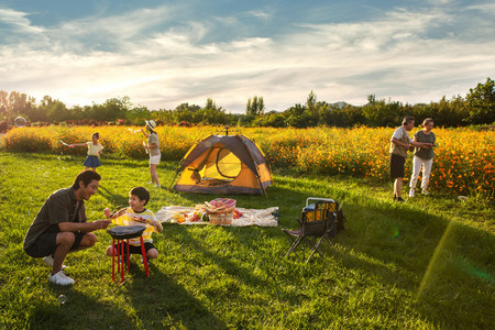 蓝天垫子摄影照片_欢乐家庭在郊外野炊
