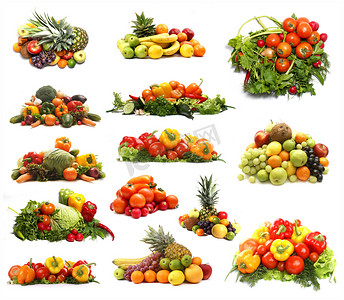 agriculture摄影照片_Set of different piles of fruits and vegetables