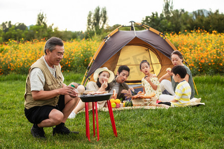 蓝天垫子摄影照片_快乐家庭在郊外烧烤野餐