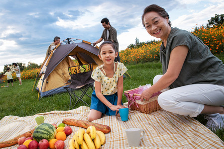 蓝天垫子摄影照片_快乐的一家人在郊外野餐