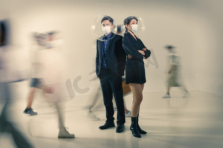 疾病防疫摄影照片_商务男女戴着口罩站在人群中