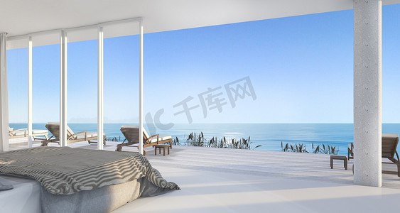 从窗口摄影照片_3d 渲染豪华卧室别墅附近海滩，美丽的景色，从窗口