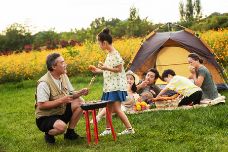 彩色草地摄影照片_快乐家庭在野外烧烤