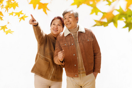 秋天温馨背景摄影照片_幸福的老年夫妇
