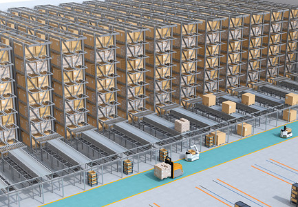 搬运货物摄影照片_现代自动化物流中心的内部。Agv 和自主叉车搬运货物。自动化物流解决方案的概念.